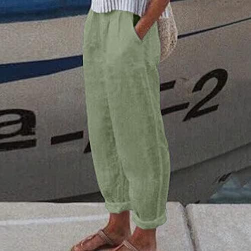 Women Solid Linen Trouser Pant Casual Baggy Elastic Cister Trouser Wide Pisca Pesca de verão Capri Capri