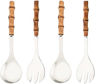 Utiliturcky Serving Spoon and Fork Conjunto, 304 utensílios de porção de aço inoxidável com alça de bambu natural, manípulo