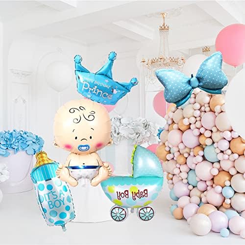 Balões de chá de bebê para menino, decorações de chá de bebê conjunto com balão de menino, carruagem de bebê, feliz aniversário príncipe coroa, mamadeira e gravata borboleta para suprimentos de chá de bebê