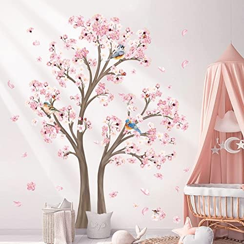 Decalmile Rosa Blossom Branch Decalques de parede Pacote com grandes adesivos de parede de árvore floral Berçário de garotas