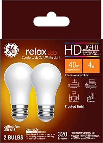 Iluminação GE Relaxe lâmpadas de ventilador de teto LED, 4 watts de luz HD branca macia, acabamento fosco, base média, diminuição