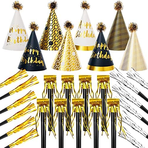 Meetyours 32 PCs Chapéus de festa de ouro de festa de ouro Chapéus de cone de ouro incluem 10 chapéus de papel de aniversário