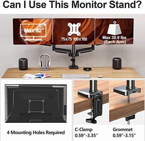 Mount Pro Triple Monitor Mount, 3 Monitor Monta de mesa para telas de até 32 polegadas, suporte de monitor triplo de mola de movimento completo, braço de monitor de serviço pesado mantém até 30,9 libras cada, montagem em vesa, preto