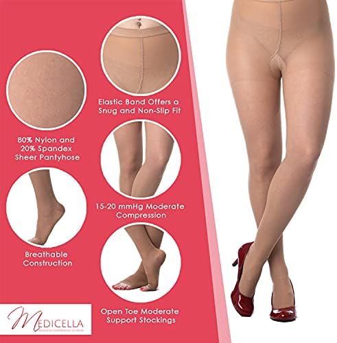 Medicella Pantyhose de compressão do pé aberto para mulheres 15-20 MMHG Qualidade médica