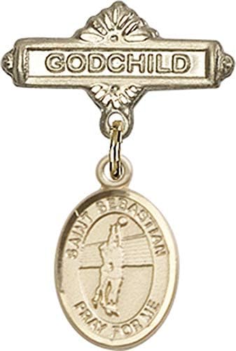 Rosgo do bebê de obsessão por jóias com o charme de vôlei de São Sebastiano e o Pin Distintivo de Godchild | Crachá