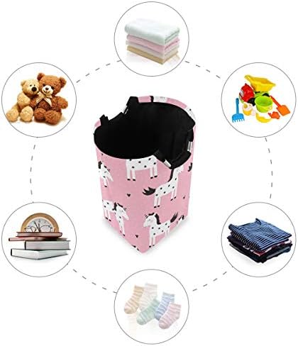 Unicórnio do desenho animado de yyzz com bolinhas de coração em rosa grande lavanderia bolsa de cesta de cesta de cesta de saco colapsível