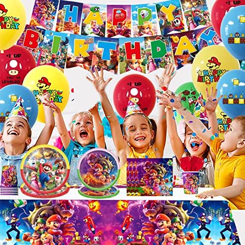 Super Mario Birthday Party Supplies Decorações incluíram pratos Mario Balões e garfos de toques de mesa de mesa, Mario Bros