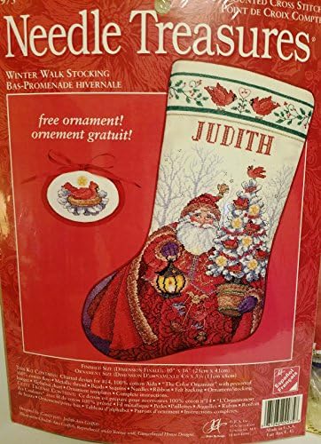 Tesouros de agulha Winter Walk Cross Stitch Christmas Stocking Kit 02975