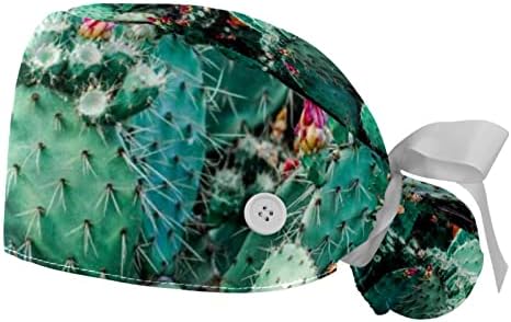 Yidax 2 peças Cacto botânico Cactus Green Plant Cap com botões, chapéu bouffante ajustável com suporte de rabo de cavalo