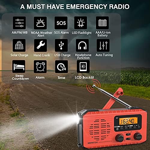 Rádio de emergência Maksh, Rádio meteorológico de manivela solar de mão de 5 vias, alimentado por manivela de manivela