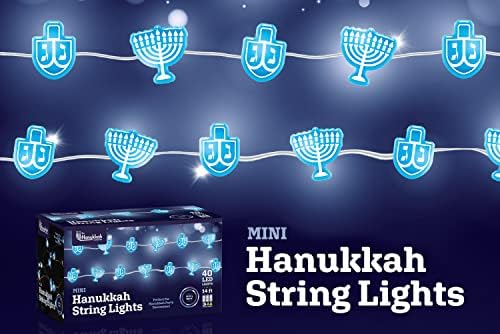Hanukkah Lights Decorações - Mini Chanukah Luzes de cordas LED Indoor - Decorações de 14 pés Hanukkah para casa - Dreidel e Menorah Decoration - - 40 luzes LEDs azul e branco