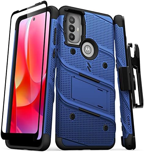 Pacote de parafuso Zizo para moto G Power 2022 Caixa com protetor de tela Kickstand Holster cordão - azul