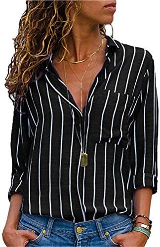 Andongnywell Women Button Down Bouse camisas de manga comprida V Casual de listras soltas de listras com bolsos