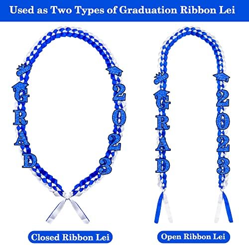 2023 Lei de fita de graduação e colar trançado de cordão de honra - azul branco artesanal de cetim de graduação longa com