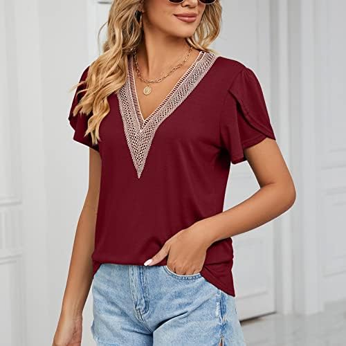 Top de manga curta para mulheres rendas vneck