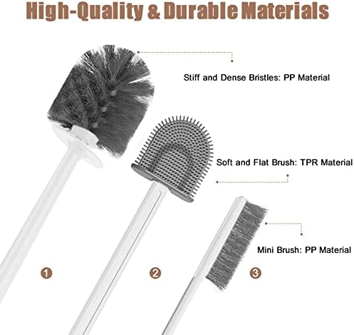 XXFLOWER Brush e suporte de suporte 3 em 1, escovas de vaso sanitário de tamanho compacto, escova plana de silício, cerdas de pp pincel redondo, mini pincel de fenda, piso em pé, parede enforcada, branca, 1 pacote