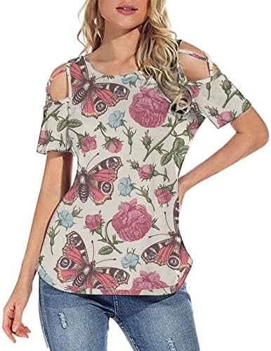 Camiseta con estampado de Flores BLUSA manga cortta con hombros descebiertos para mujer camiseta cuello redondo 2023