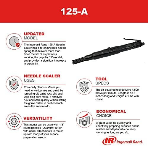 Ingersoll Rand 125-A Scaler de agulha, serviço pesado, alimentado por ar, ferramenta de cinzel pneumática, 18,3 ”, 4,1 libras, 4800 golpes por minuto, preto