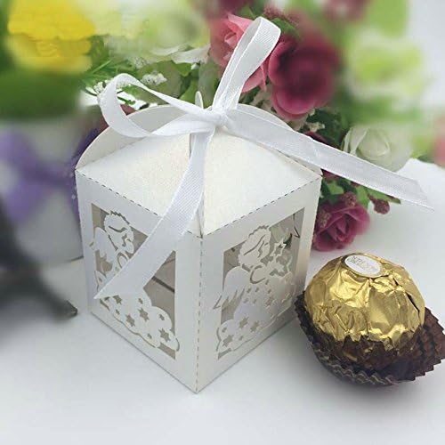 Junnwin New 50pcs a laser cortado Caixa de casamento de anjo branco em caixa de papel perolável, caixa de doces de festa, presentes de chuveiro de festa, caixa de chocolate