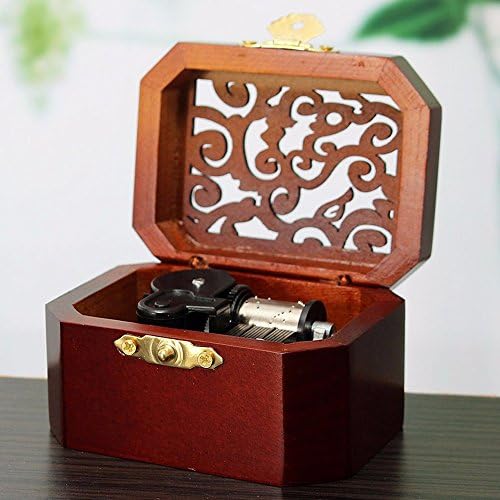 Caixa musical de corda de madeira gravada antiga, Let It Go Box, com movimento de plataforma de prata, octogonal