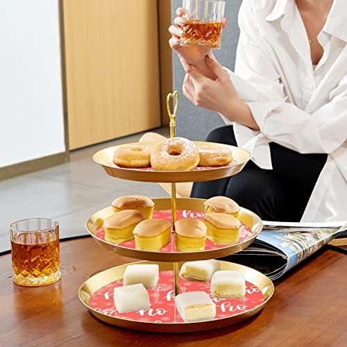 Dragonbtu 3 Cupcake Stand com Rod Gold Rod Plastic Triered Tower Tower Bandeja Christmas Ho Red Pattern Fruit Candy Display