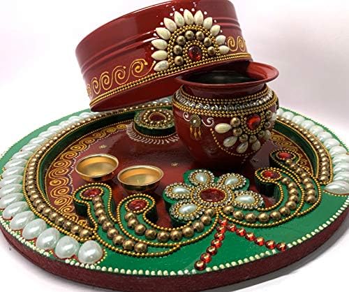 Decorativo Karwachauth/Diwali Wooden Pooja Thali Conjunto- 12 x 12 x 3 em Indian Collectible