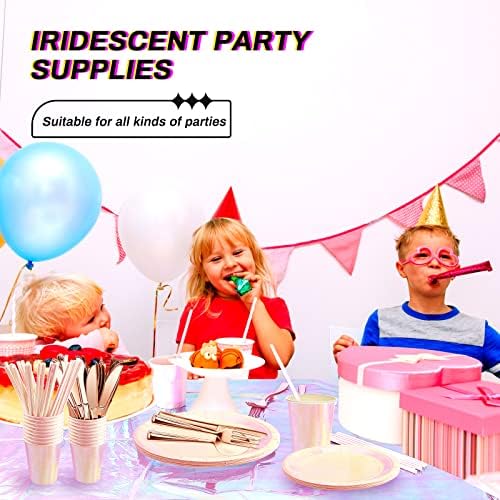 WEEWOODAY 351 peças Rosa Iridescent Party Supplies holográficos de mesa descartável de festa, inclui fios de papel de papel de papel Facas de falhas colheres de mesa de plástico para uma festa temática iridescente rosa
