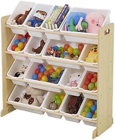 Organizador de armazenamento de brinquedos para crianças com ursos de urso B&G com 16 caixas de plástico, X-Large, Natural/White