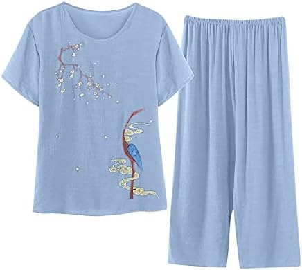 Mulheres Summer Loungewear Conjuntos, linho de algodão 2 peças roupas para mulheres camisetas de manga curta com calças compridas