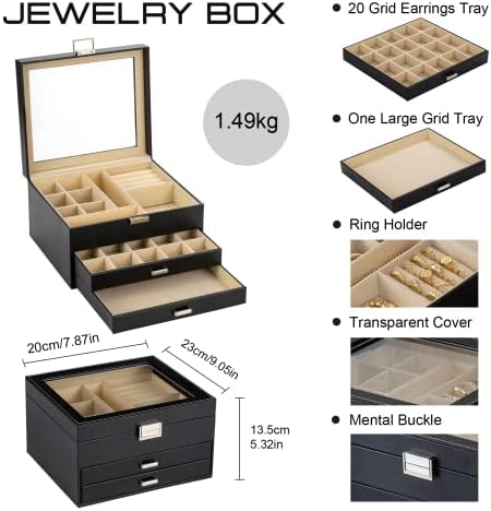 Pequenas caixas de jóias Organizador para mulheres Viaje Jewellry Case With Lock for Gifts 3 Camadas Caixas de armazenamento preto para meninas adolescentes
