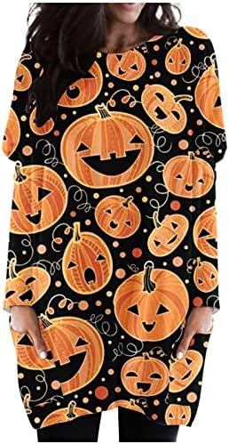 Camisolas longas da Zefotim para mulheres, senhoras Casual Casual 2022 Halloween camisa de manga comprida Blusa de primeira linha com bolso com bolso