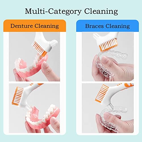 Escova de prótese de prótese de prótese 4pcs de dentes de dentes de próteses ， escova de limpeza de limpeza de próteses ， escova de dentes de dupla face ， cerdas de várias camadas e alça de borracha anti-deslizamento