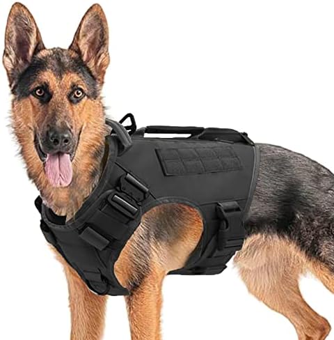 Arnês de cães táticos para cães médios e grandes sem coletes de cachorro ajustáveis ​​para treinar caça de cães militares de cães com manusear colete de cachorro com painéis de molle e loop preto, m