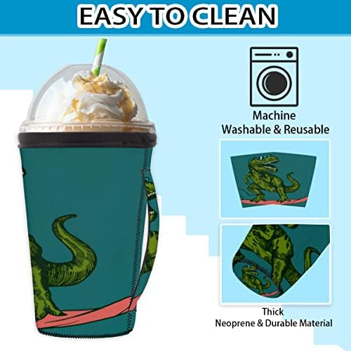 Surfista de dinossauros de animais Manga de café gelada reutilizável com manga de neoprene de alça para refrigerante, café com