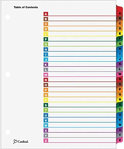 Divisores de aglutinante do cardeal OneStep, divisores de guias A -Z para 3 ligantes de anel, índice personalizável, abas multicoloridas