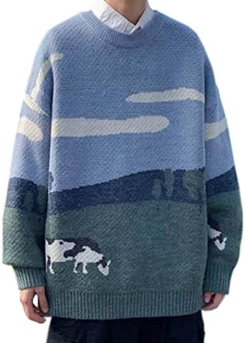 Vamtac masculino vaca de pastagem de tamanho grande suéter de malha de malha comprida no pescoço redondo jumper de malha