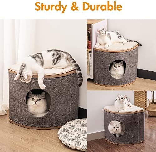 Cama de gato para gatos para gatos internos, caverna de madeira da casa com 2 almofadas laváveis ​​removíveis, condomínio de gato de