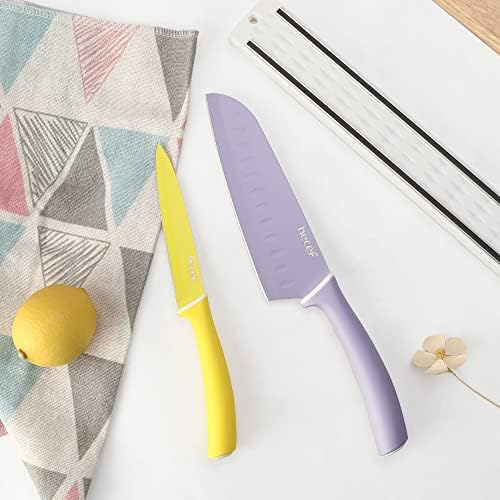 Conjunto de faca colorido de HECEF, faca de cozinha de 6 peças com capas, faca de cozinha antiaderente de cores de