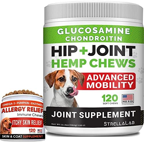 Hemp + Glucosamine Dog Suplemento da articulação + alívio de alergia Trelas com ômega 3 Pacote - Cuidado do quadril e articulação