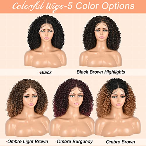 Brinbea 19 Wigs curtos e curtos curiosos para mulheres negras T parte da frente de renda curta Bob Wavy Wavy Wavy Midded Parted Curly Hair peruca preto marrom destaque