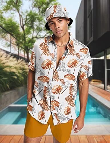 Babioboa mens de camisas havaianas conjuntos de 2 peças de traje de traje de praia aloha time de impressão com chapéu de balde