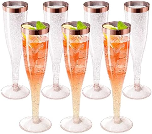 Kukuzon 50 pacote de ouro rosa Glitter Glitter Plástico flautas de champanhe, copos descartáveis ​​de vinho de 6,5 oz de ouro de ouro rosa, xícaras de champanhe de plástico transparente para festa de casamento Mimosa bar