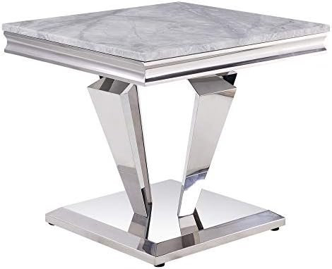 Satinka End Table em mármore falso de cinza claro e acabamento prateado espelhado