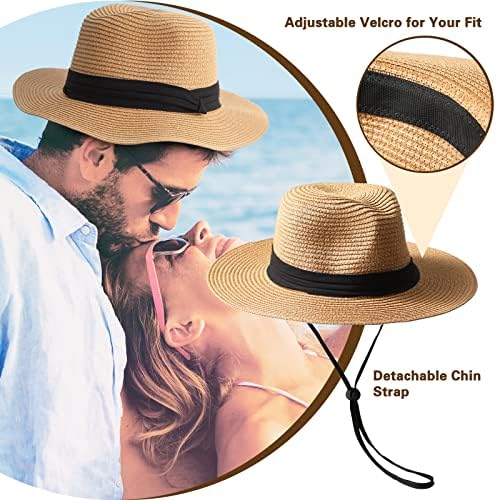Chapéu do sol da praia de palha feminina - largura de chapéu de palha de fedora, chapéu de chapéu de chapéu de sol para homens,