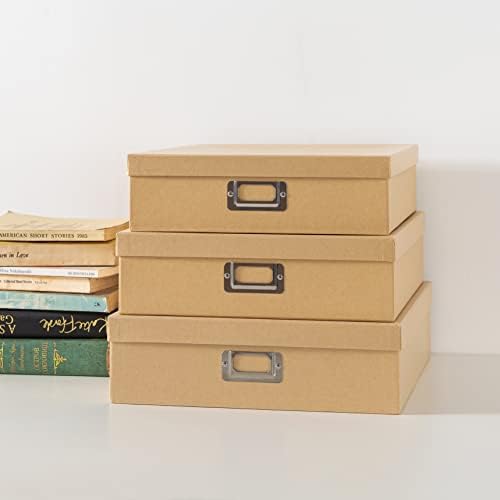 Caixas de armazenamento de papel Kraft com tampas para documentos - Conjunto de 3 caixas de lembrança: recipientes decorativos de armazenamento de fotos de papelão, caixas de memória para lembranças, caixas de armazenamento de arquivamento empilháveis ​​de Soul & Lane