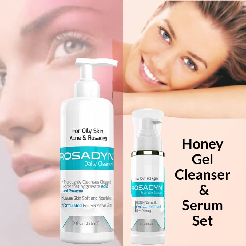 Rosacea e acne Gel Cleanser & Coq10 Face Set para pele e fugas sensíveis | formulado com mel orgânico por Rosadyn+