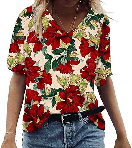 Tops de manga curta para senhoras Deep V pescoço gráfico floral solto ajuste plus size blusa casual camisetas adolescentes