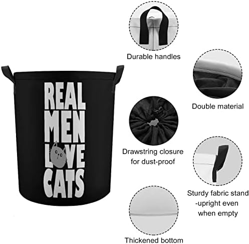 Homens reais adoram gatos redondo para lavanderia cesto de armazenamento impermeável com tampa e alça de cordão