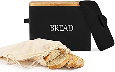 Caixa de pão extra grande com 2 tampas - tampa de metal e tampa de bambu - caixa de pão preto para bancada de cozinha - segura