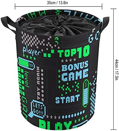 Abstract Pixel Game Dice Words Round Laundry Bags cesto de armazenamento à prova d'água com alças e tampa de fechamento de